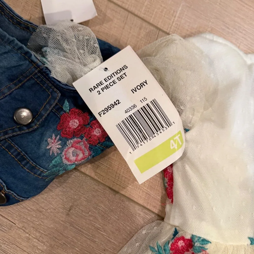 RARE EDITIONS GIRLS 4T DENIM & TULLE DRESS NEW FLORAL